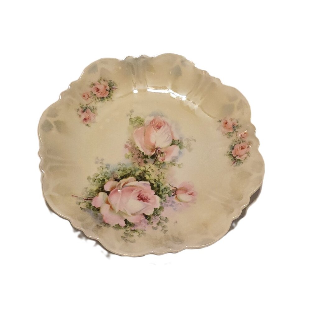Silesia Rose Plate Hand-Painted 9" Scalloped Iridescent Silver Over Glaze Flaw